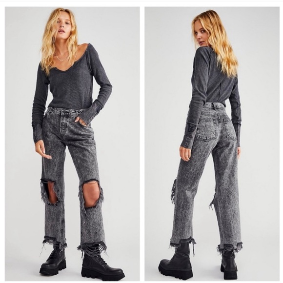 NWT Free People Maggie Mid Rise Destroyed Jeans Size 24 Bottlerocket - Picture 5 of 16